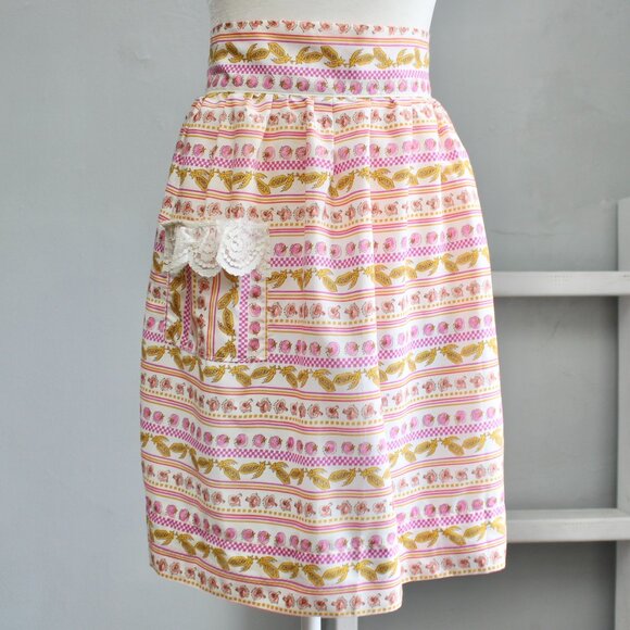 Vintage 70's Handmade Tomato Mushroom Peas Striped Waist Tie One Pocket Apron - Picture 1 of 3
